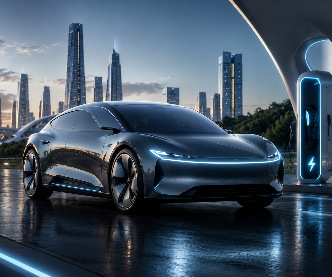 Coche eléctrico futurista con la ciudad y una estación de carga de fondo